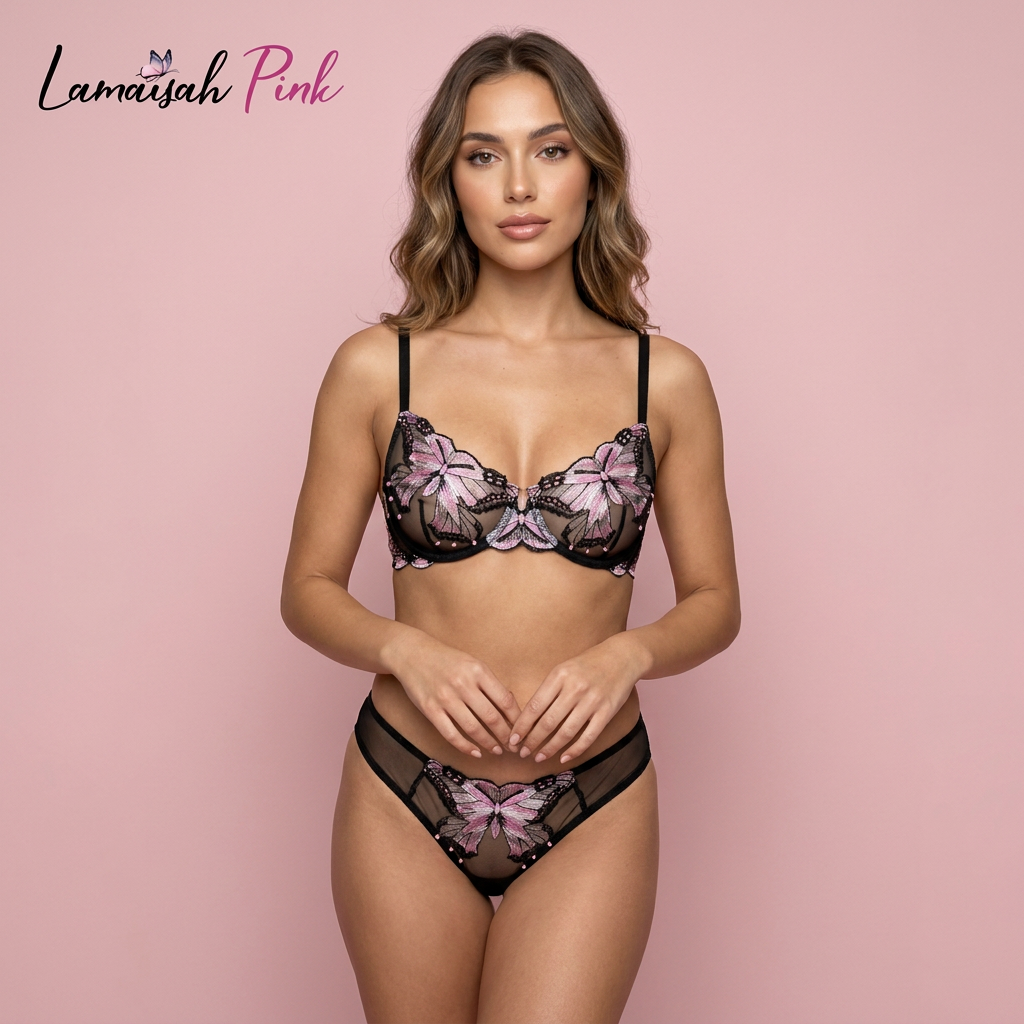 Pink Butterfly Bow Tie Bra Set