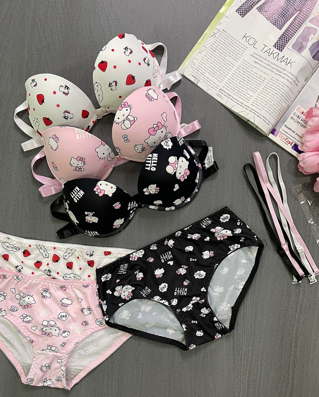 Kitty Print Front Open 4-in-1 Push Up Bra & Panty Set – Pack of 3
