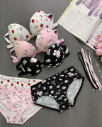 Kitty Print Front Open 4-in-1 Push Up Bra & Panty Set – Pack of 3
