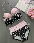 Kitty Print Front Open 4-in-1 Push Up Bra & Panty Set – Pack of 3