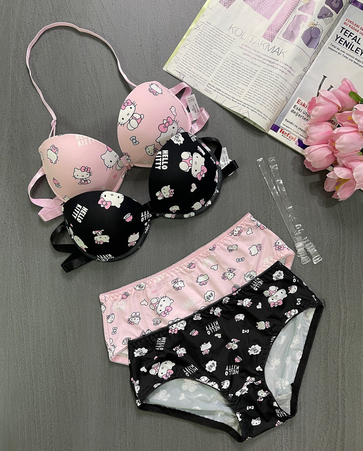 Kitty Print Front Open 4-in-1 Push Up Bra & Panty Set – Pack of 3