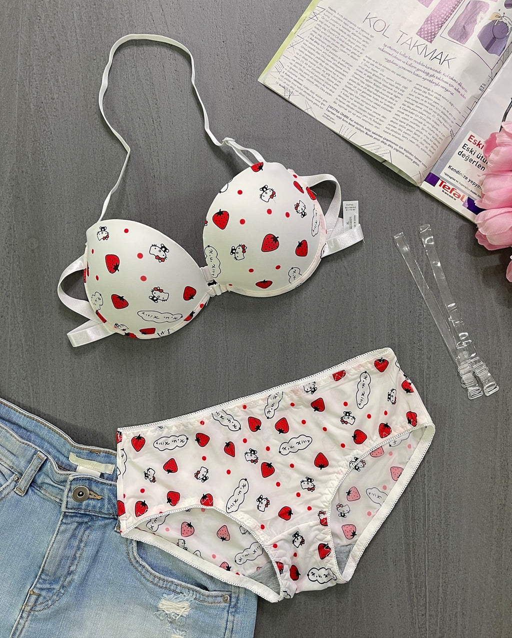 Kitty Print Front Open 4-in-1 Push Up Bra & Panty Set – Pack of 3