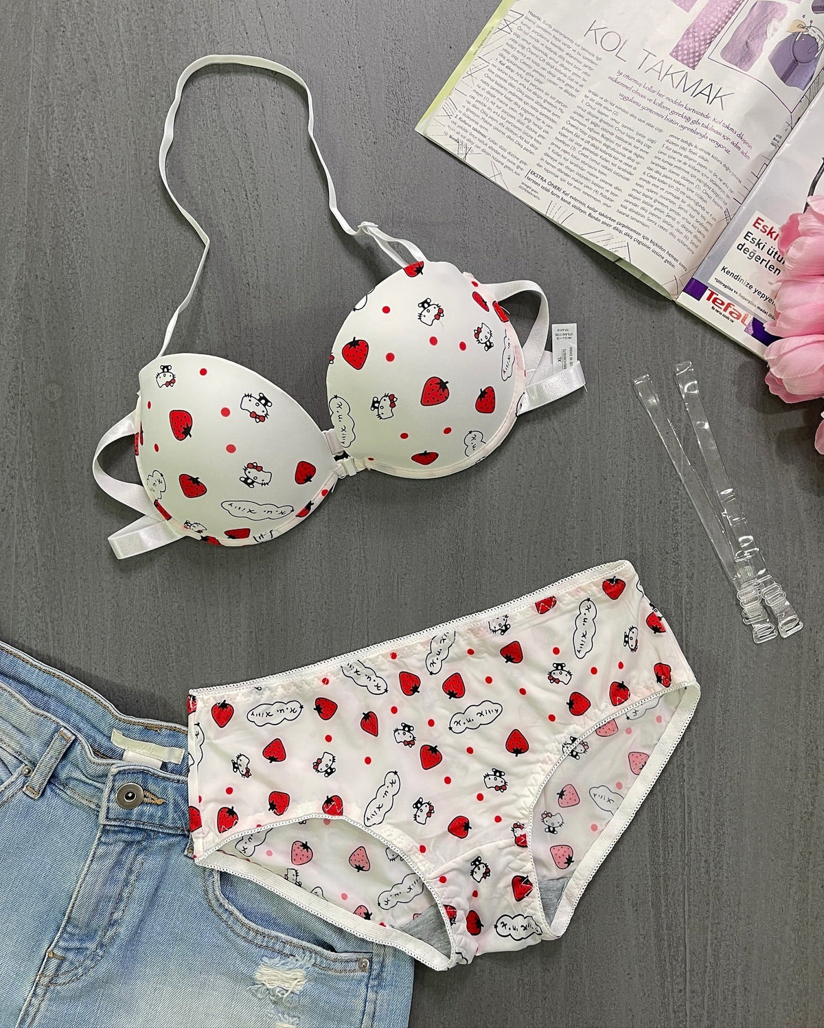 Kitty Print Front Open 4-in-1 Push Up Bra & Panty Set – Pack of 3