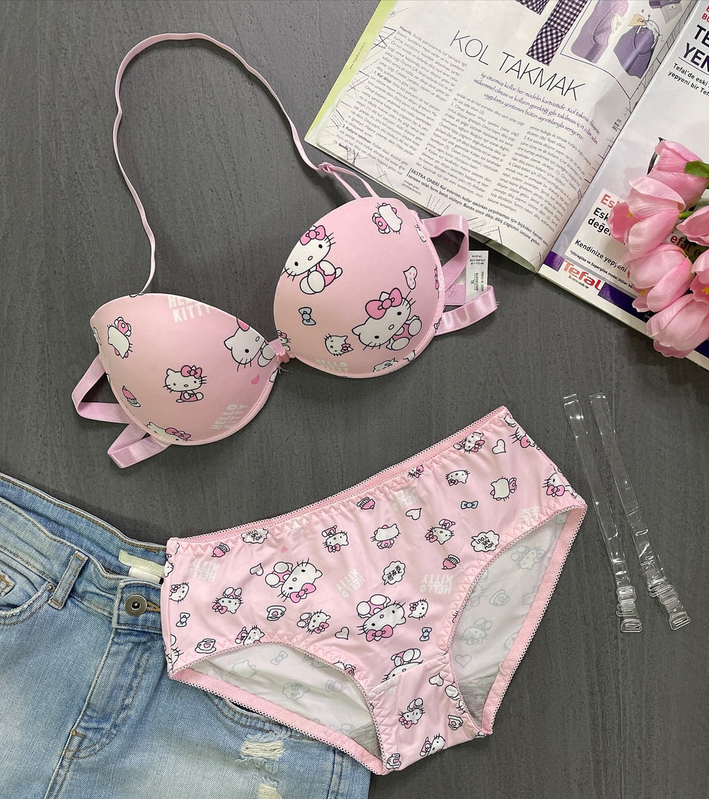 Kitty Print Front Open 4-in-1 Push Up Bra & Panty Set – Pack of 3