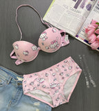 Kitty Print Front Open 4-in-1 Push Up Bra & Panty Set – Pack of 3