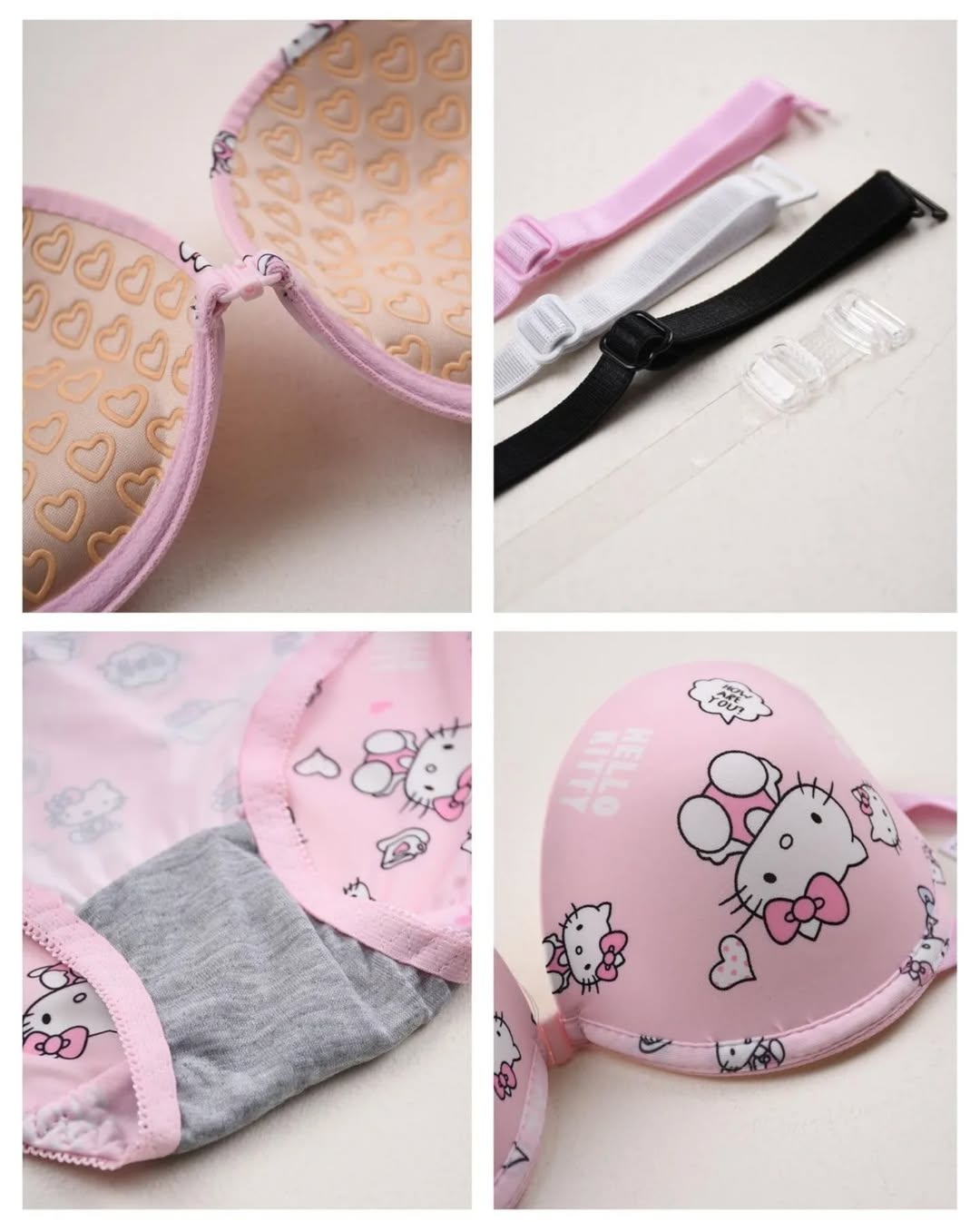Kitty Print Front Open 4-in-1 Push Up Bra & Panty Set – Pack of 3