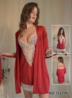 Two Piece Hot Red Nighty with Lace
