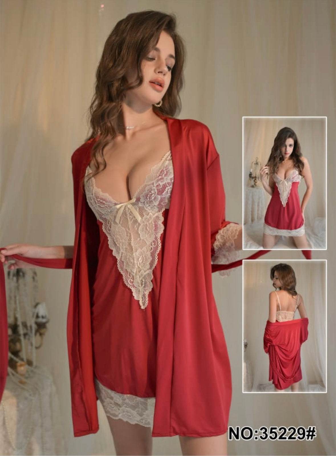 Two Piece Hot Red Nighty with Lace
