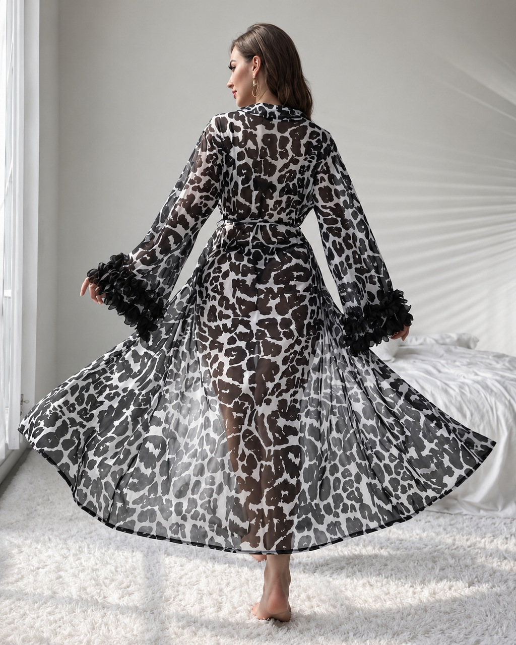 Cheetah Print Stylish Net Gown with Feather lace on sleeves