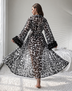 Cheetah Print Stylish Net Gown with Feather lace on sleeves