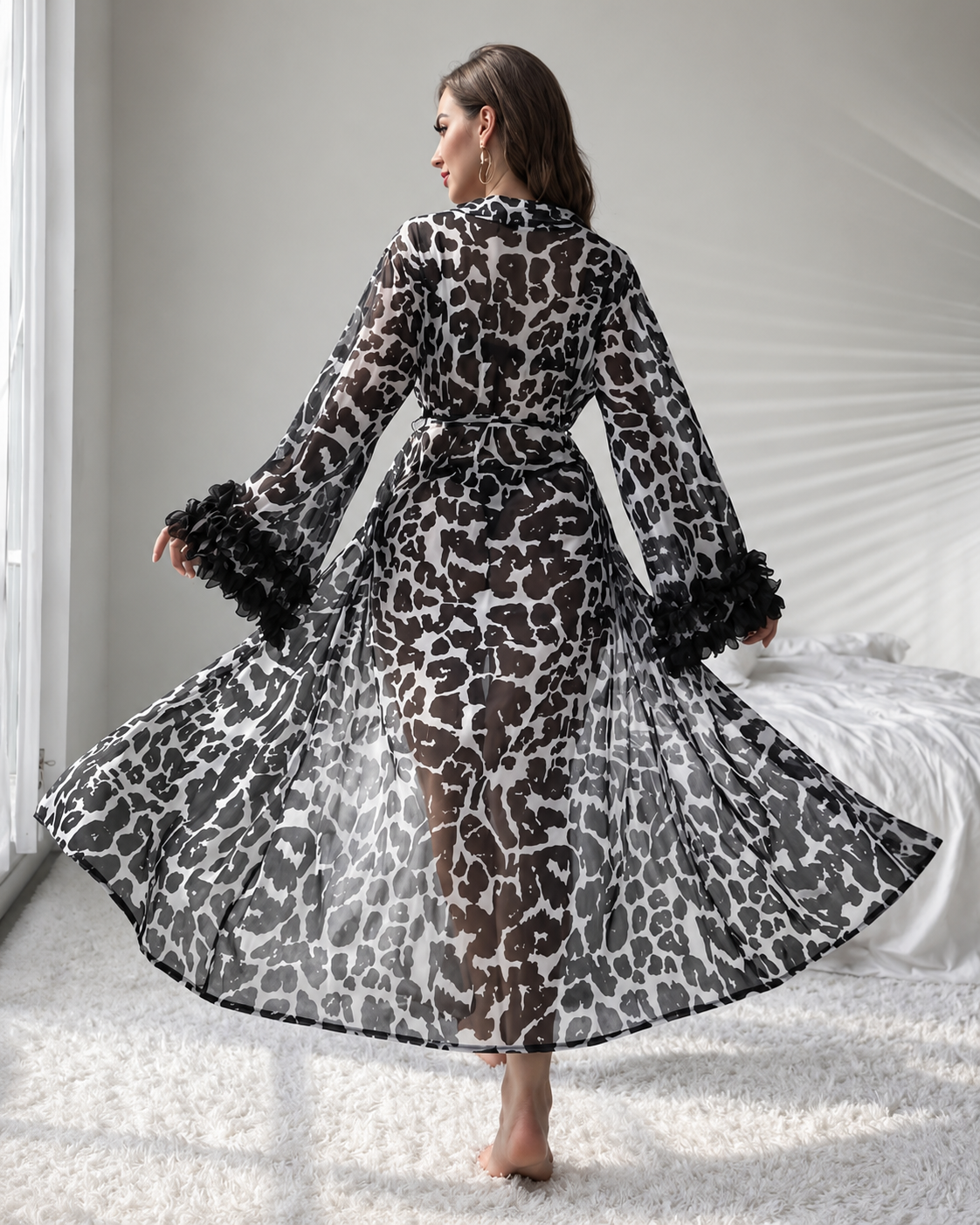 Cheetah Print Stylish Net Gown with Feather lace on sleeves