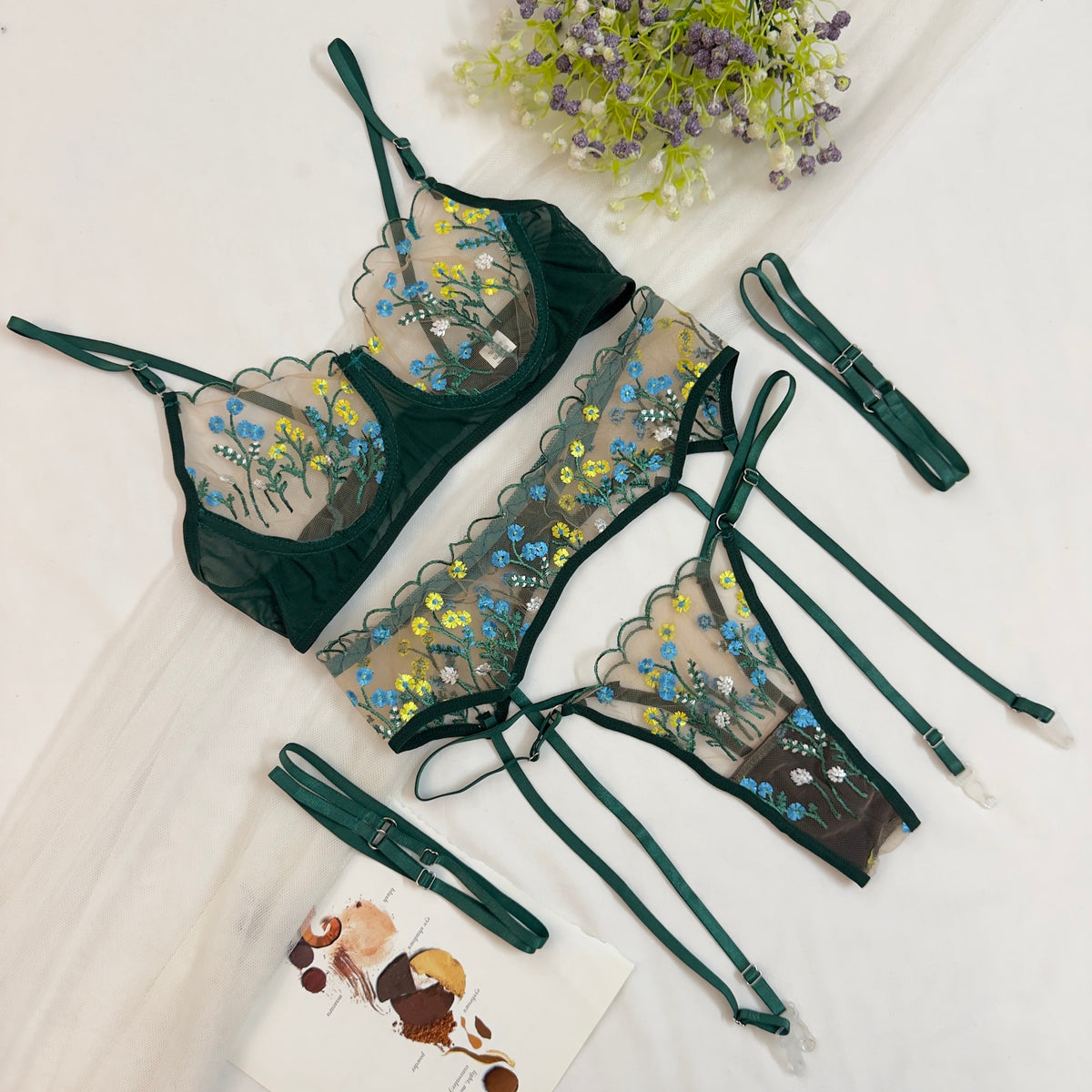 Floral Net Embroidered 4 piece Garter Set