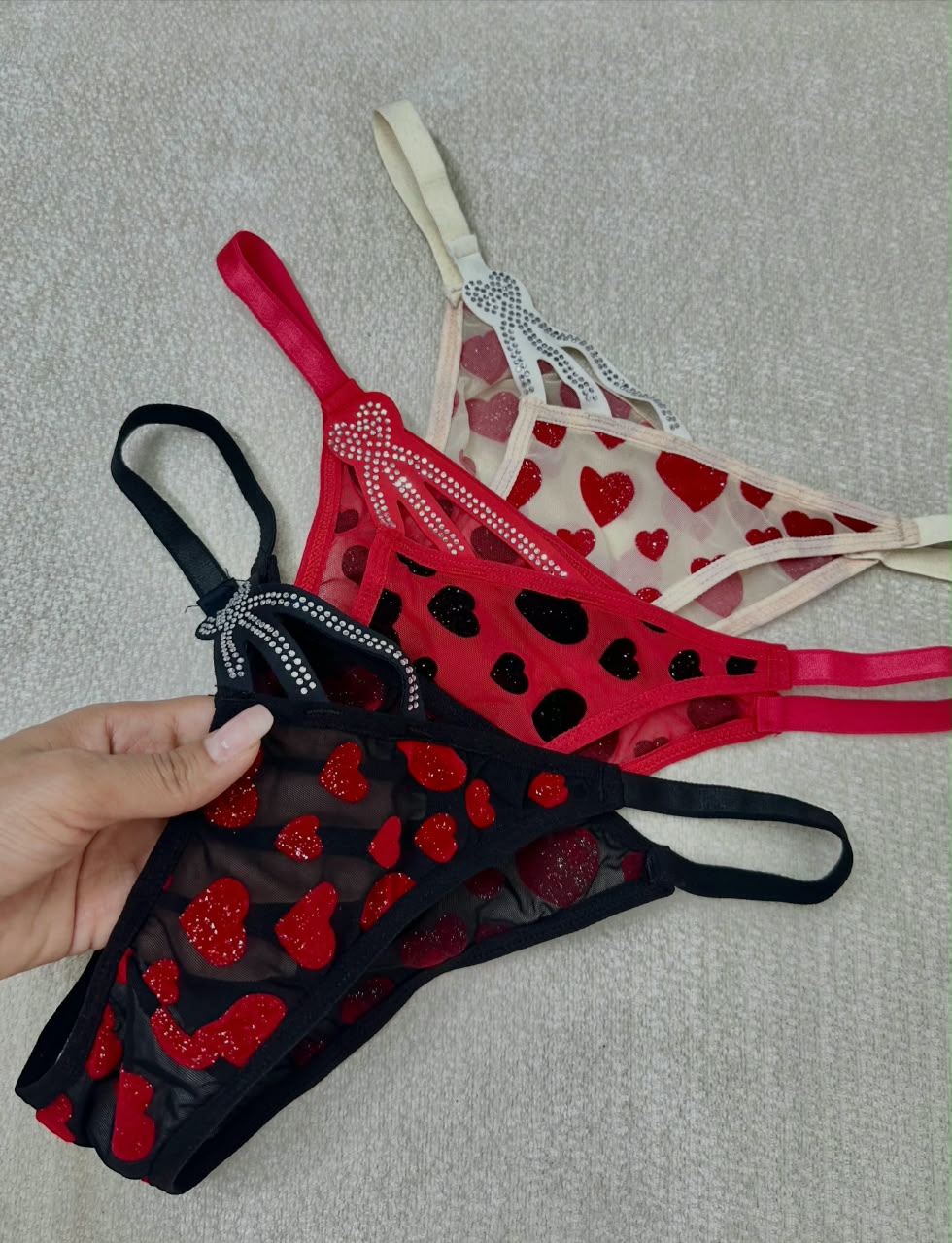 Glitter Heart Rhinestone Push Up Bra & Panty Set – Pack of 3