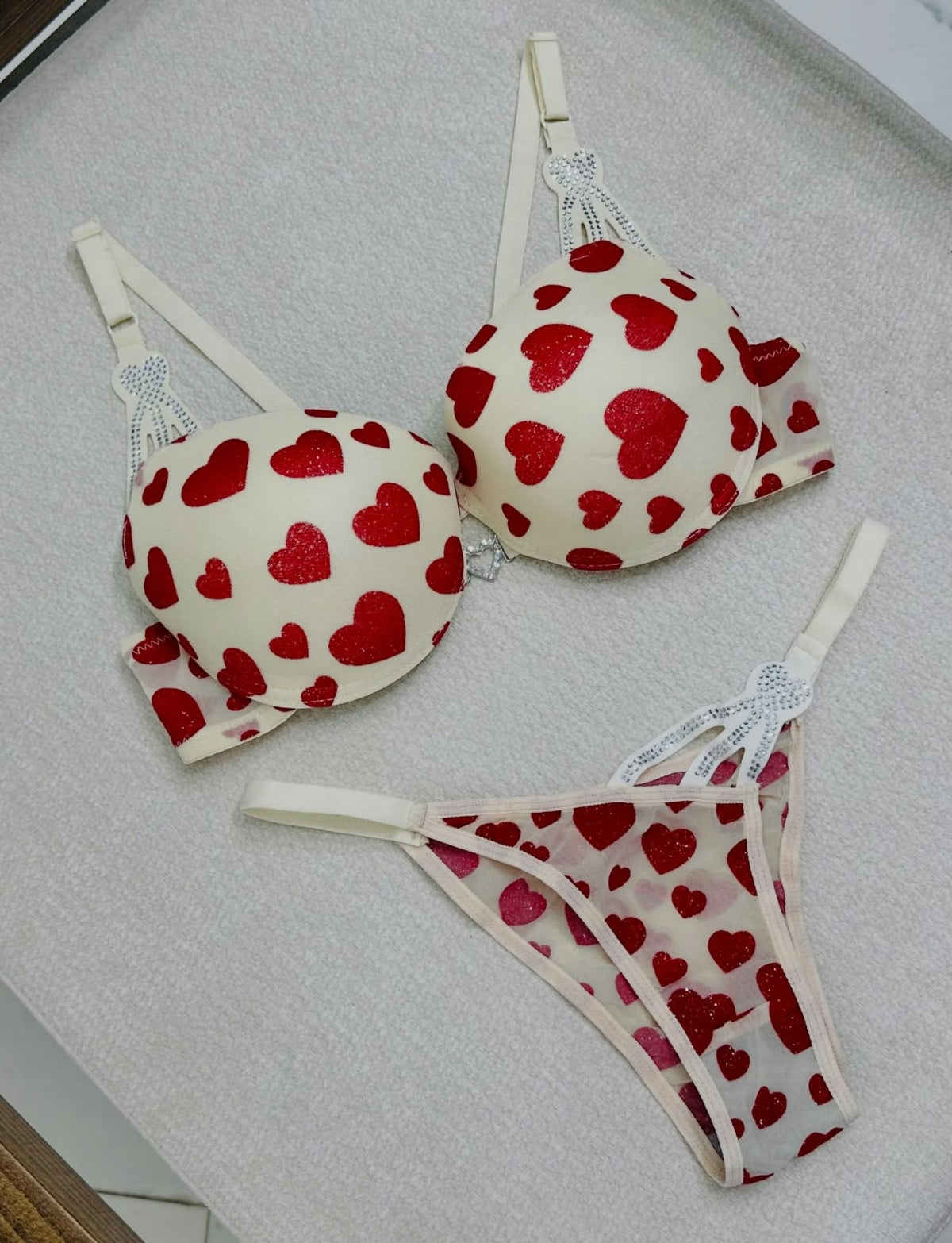 Glitter Heart Rhinestone Push Up Bra & Panty Set – Pack of 3