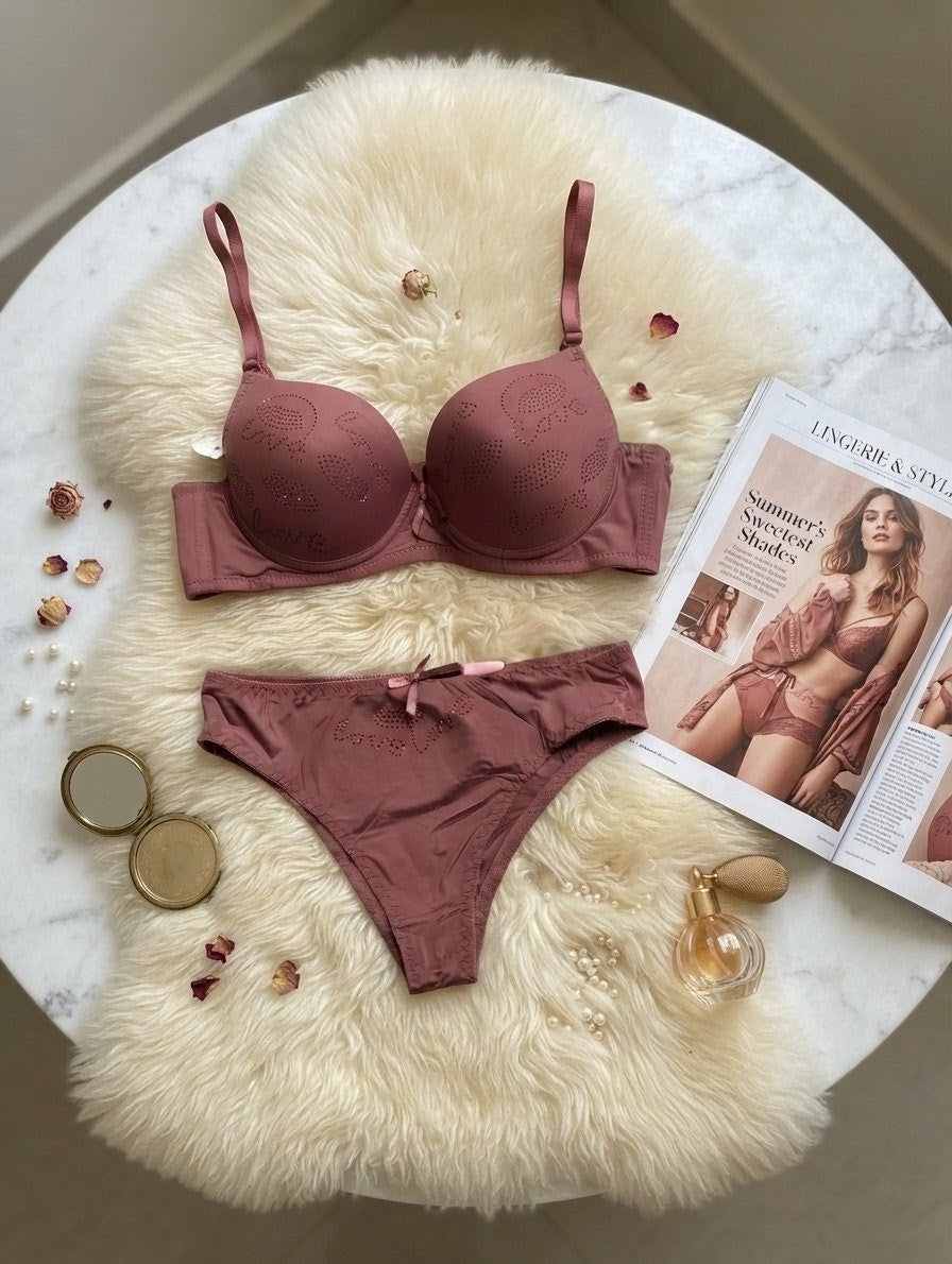 Love Rhinestone Push-Up Bra Set with Sparkling Lip Detail