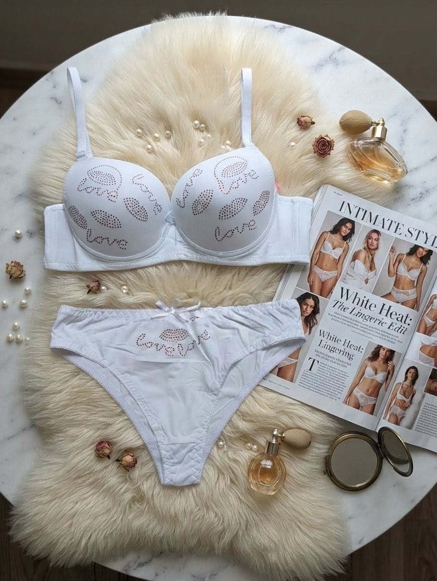 Love Rhinestone Push-Up Bra Set with Sparkling Lip Detail