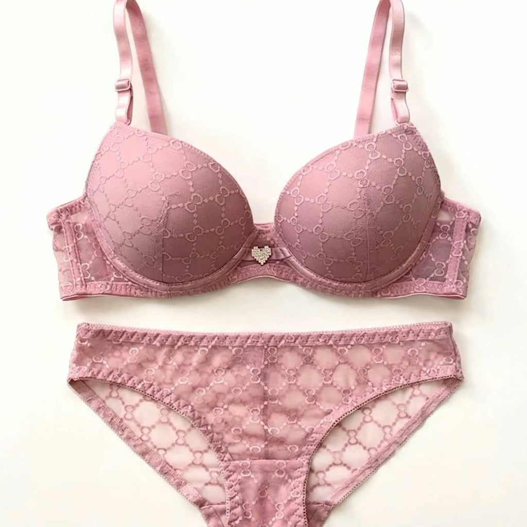 Heart Charm Lace Push Up Bra & Panty Set
